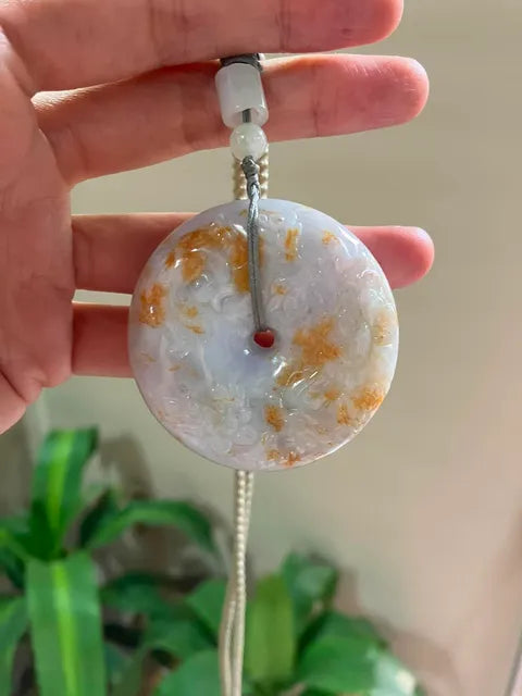 The "Fu Lu Shou" Harmony Pendant Exquisite Lavender & Honey Jadeite Carved Ping An Kou