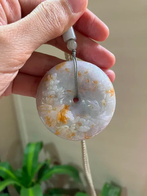 The "Fu Lu Shou" Harmony Pendant Exquisite Lavender &amp; Honey Jadeite Carved Ping An Kou