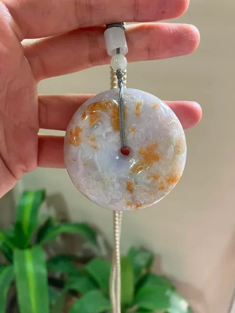 The "Fu Lu Shou" Harmony Pendant Exquisite Lavender &amp; Honey Jadeite Carved Ping An Kou