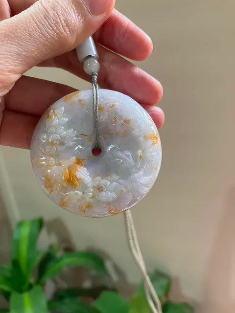 The "Fu Lu Shou" Harmony Pendant Exquisite Lavender &amp; Honey Jadeite Carved Ping An Kou