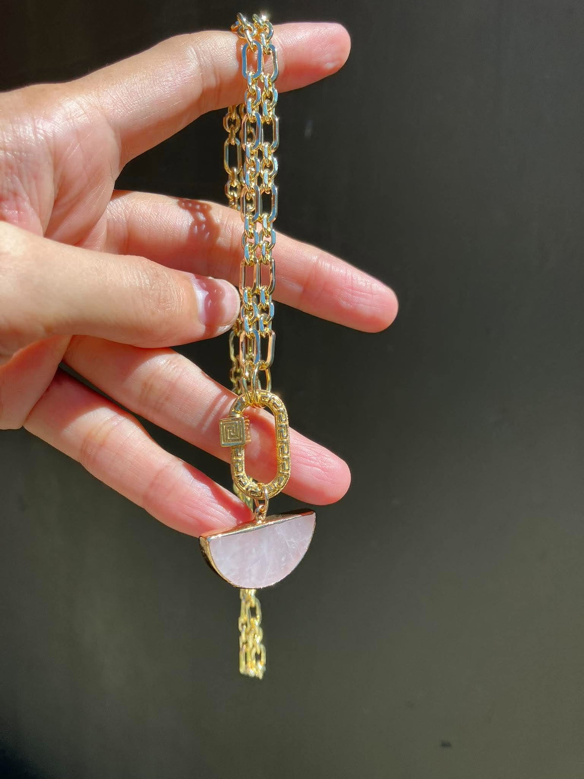 LUNA - Rose Quartz Half-Moon Carabiner Necklace