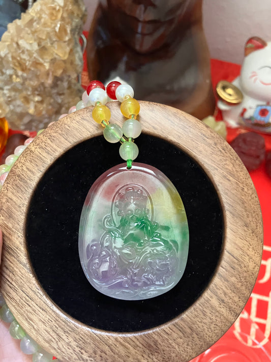 Icy Floating Guanyin Budai Jadeite God of Wealth Necklace