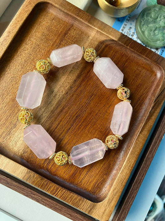 Rose Quartz Barrel & Gold Filigree Accent Bracelet
